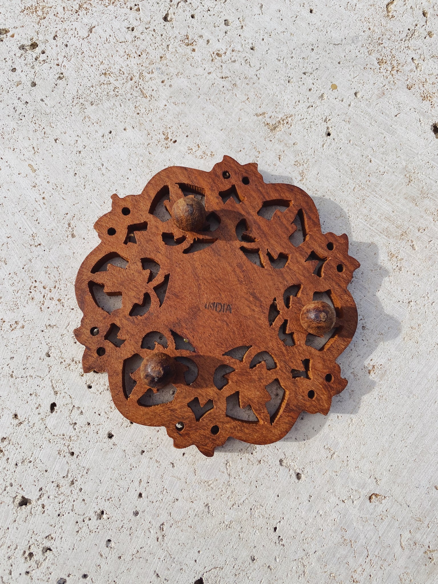 vintage carved trivet with inlay