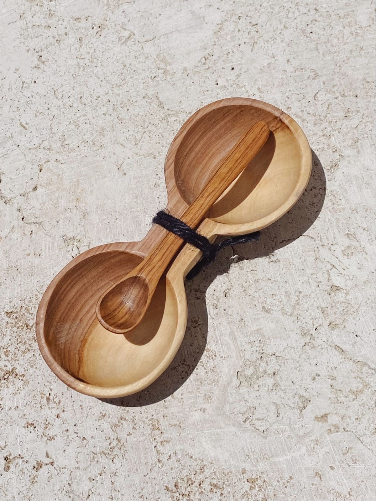 olive wood double spice bowl with spoon